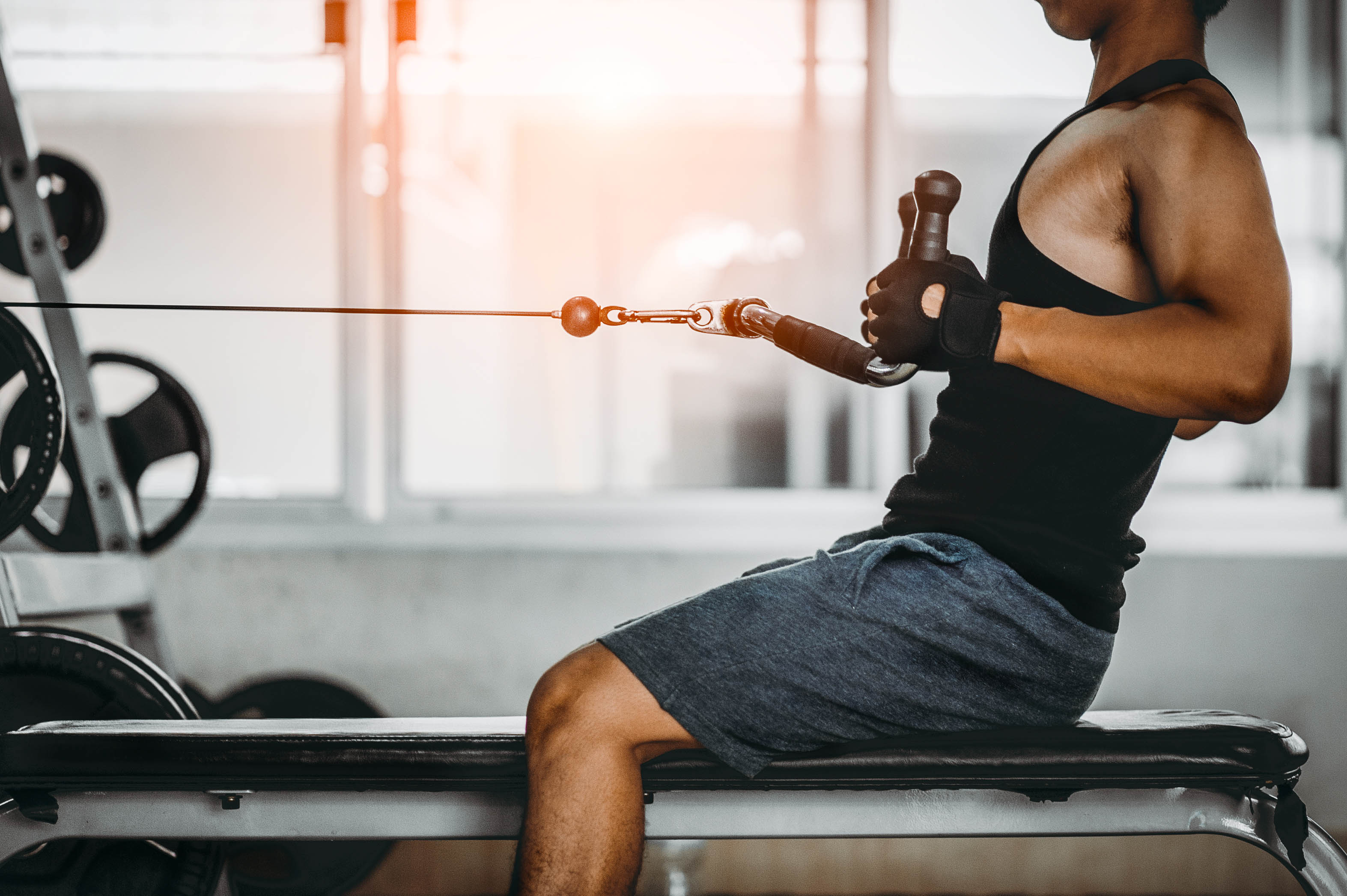 Torso of young, fit man doing a seated cable row in the gym